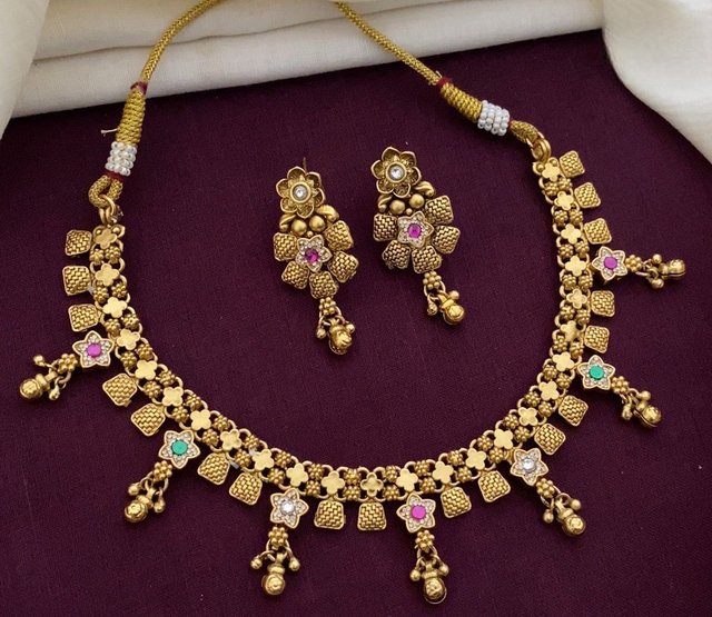 Ethnic Antique Gold Necklace with Floral Motifs