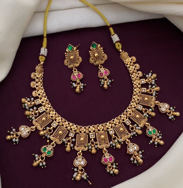 Antique Gold Multicolor Temple Necklace Set