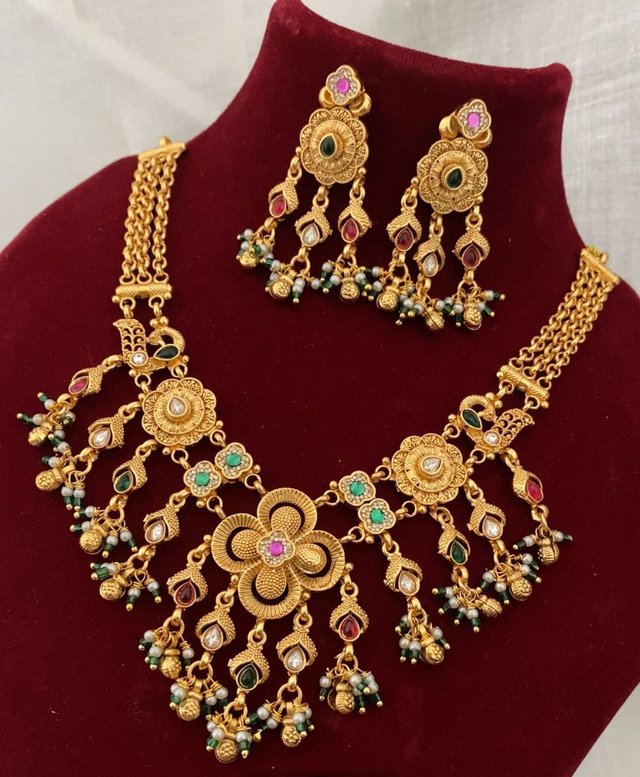 South Indian Temple Necklace with Hanging Beads & Earrings