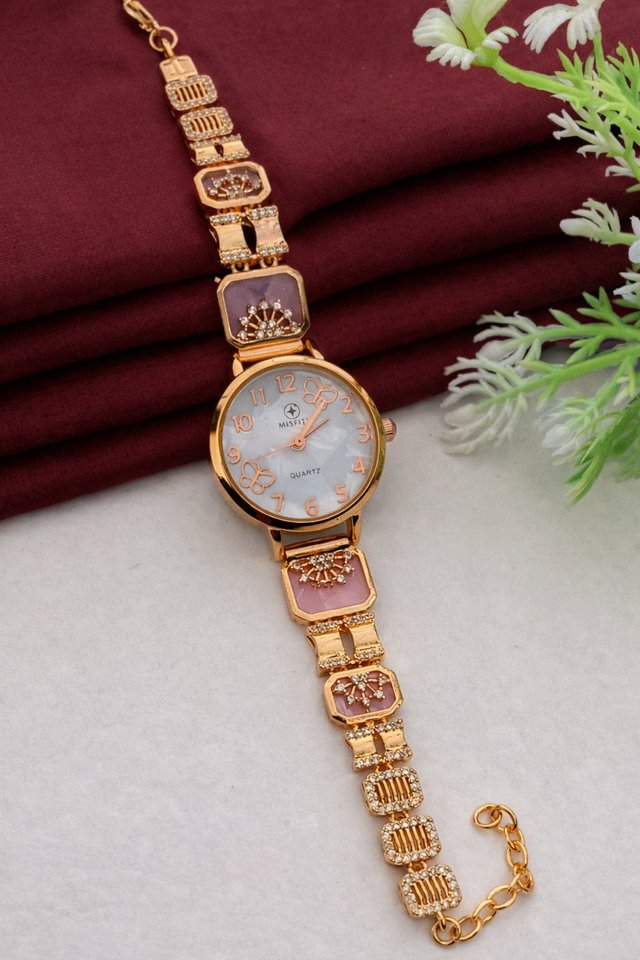 Elegant Gold Bracelet Watch for Women with Designer Dial & Crystal Chain Strap